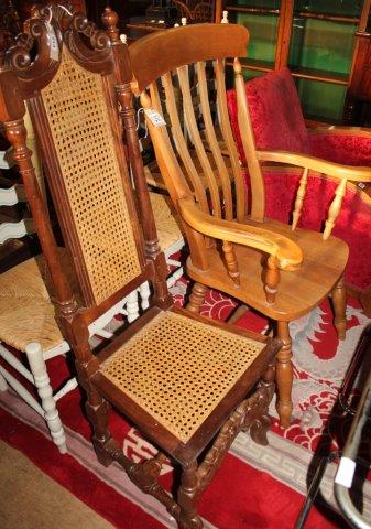 Carolean style standard chair, caned back and seat & a farmhouse style elbow chair